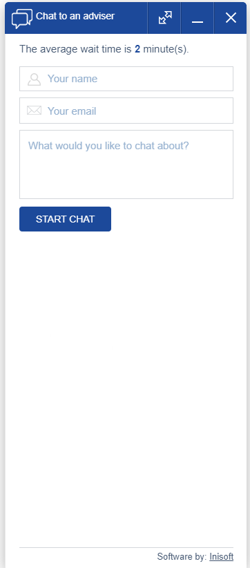 Screenshot of the web chat interface showing a customer the average wait time for the web chat queue.