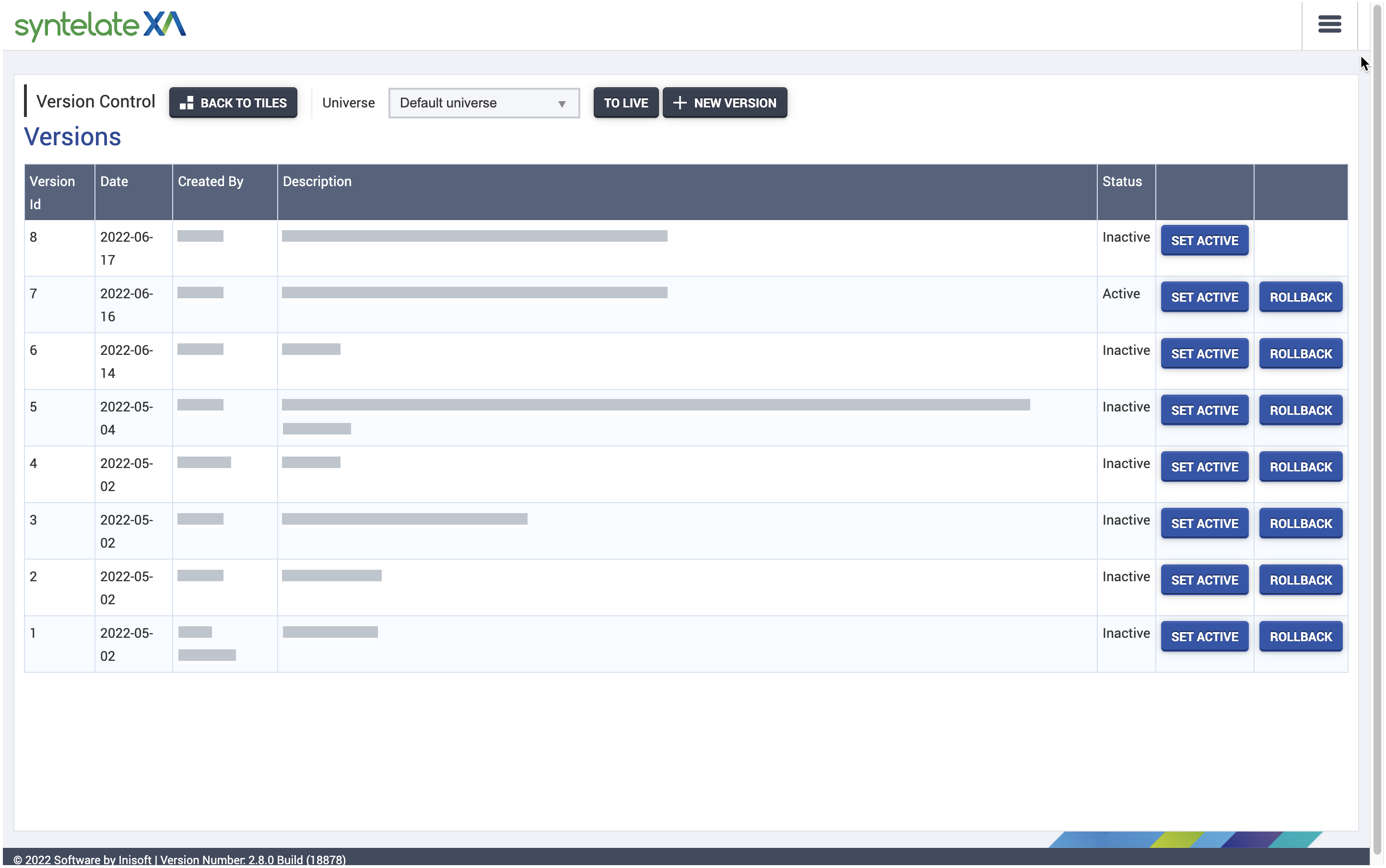 Screenshot of the Versions grid.