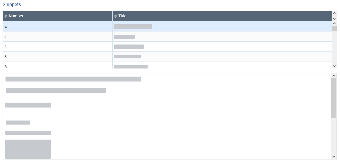 Screenshot of the Snippets grid, showing anonymized content in the grid and preview box underneath the grid.